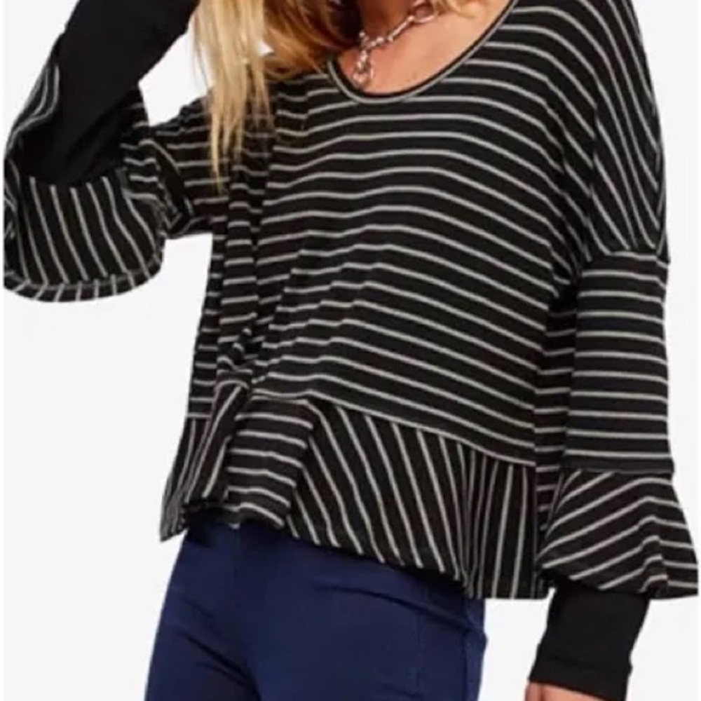 We The Free Black and White Boxy Ruffled Blouse
